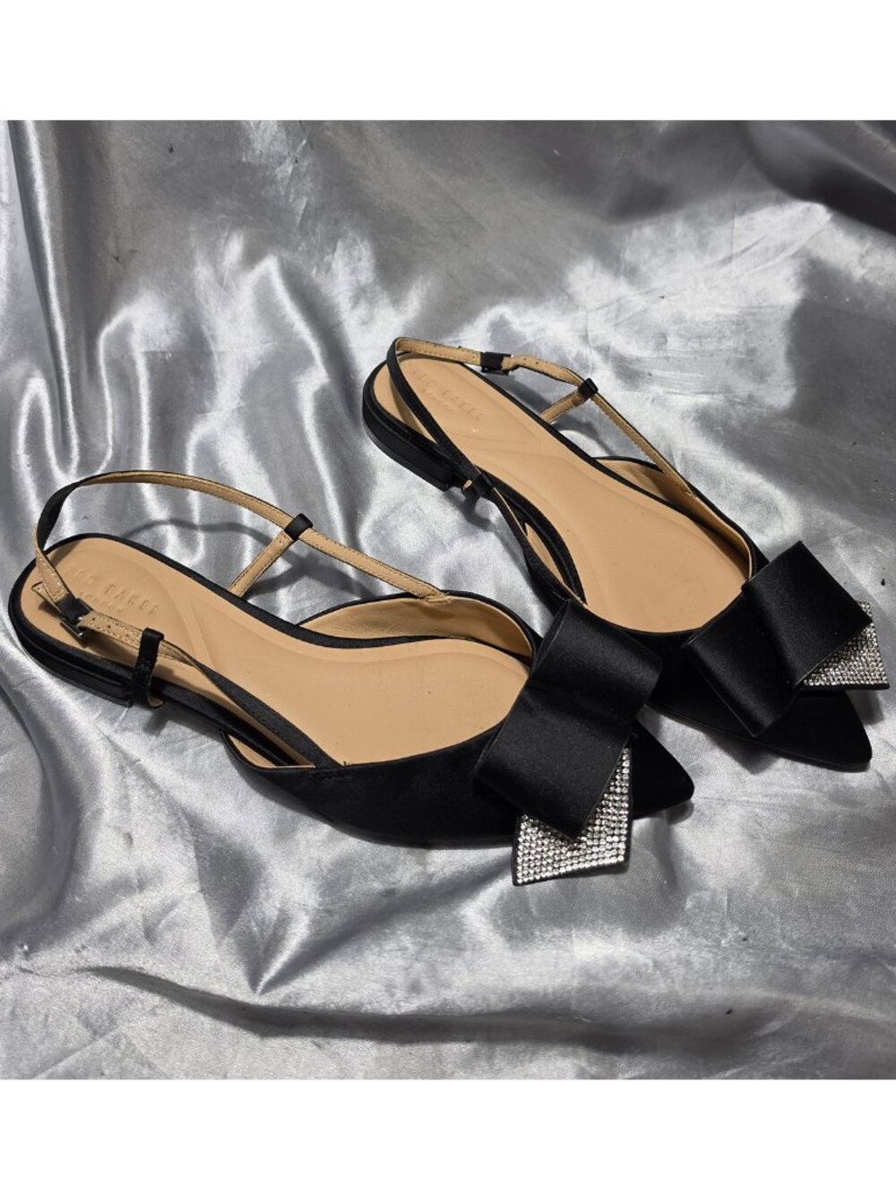 TED BAKER BLACK SATIN SLING BACK POINTY TOE DRESS FLATS LEATHER RHINESTONE BOW 6